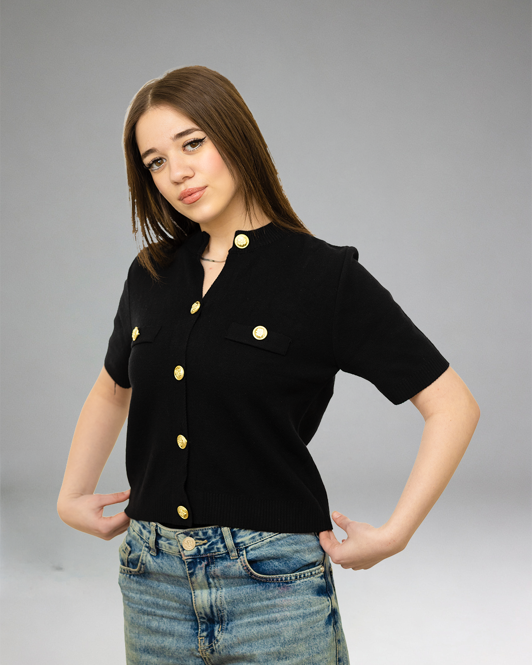 Chic Short Sleeve Knit Top – Gold Button Detail